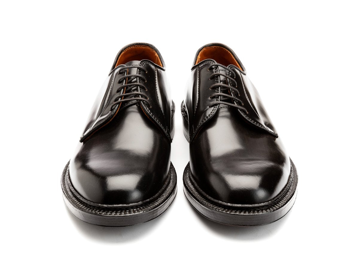 Front view of E width Alden plain toe blucher shoes in black shell cordovan