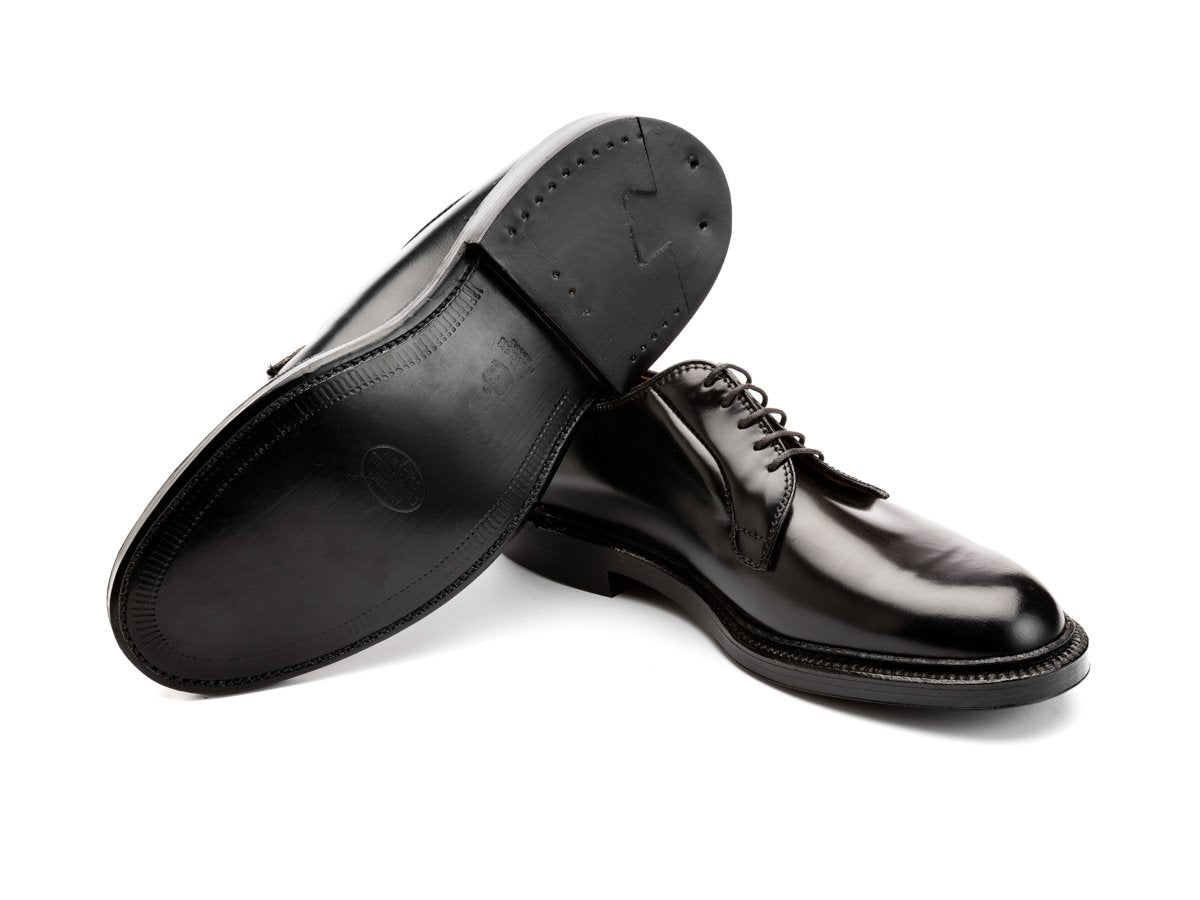 Leather sole of E width Alden plain toe blucher shoes in black shell cordovan