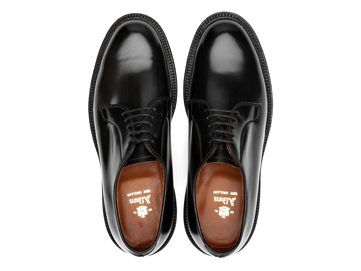 Top view of E width Alden plain toe blucher shoes in black shell cordovan