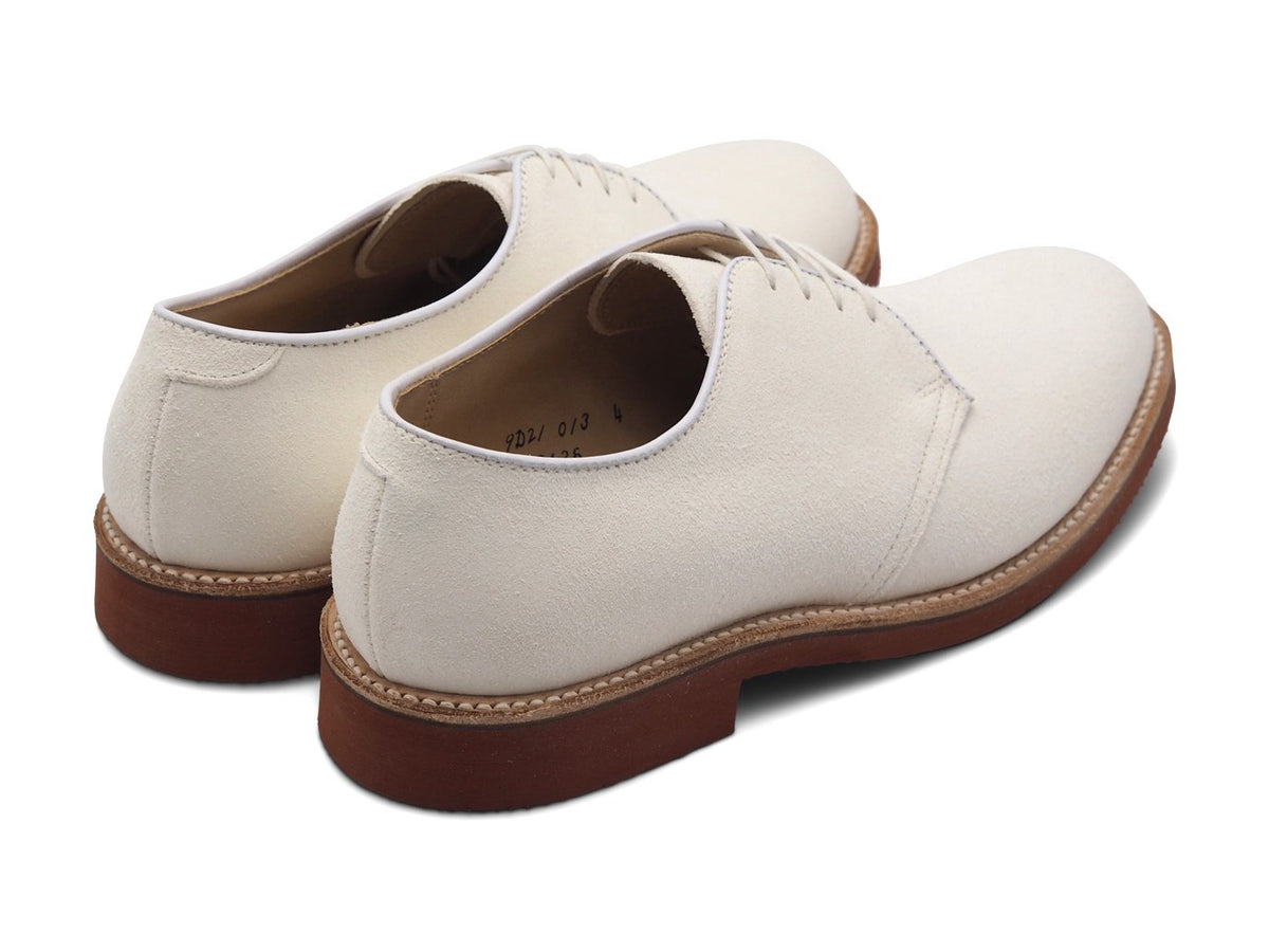 Back angle view of Alden plain toe blucher shoes in white buck