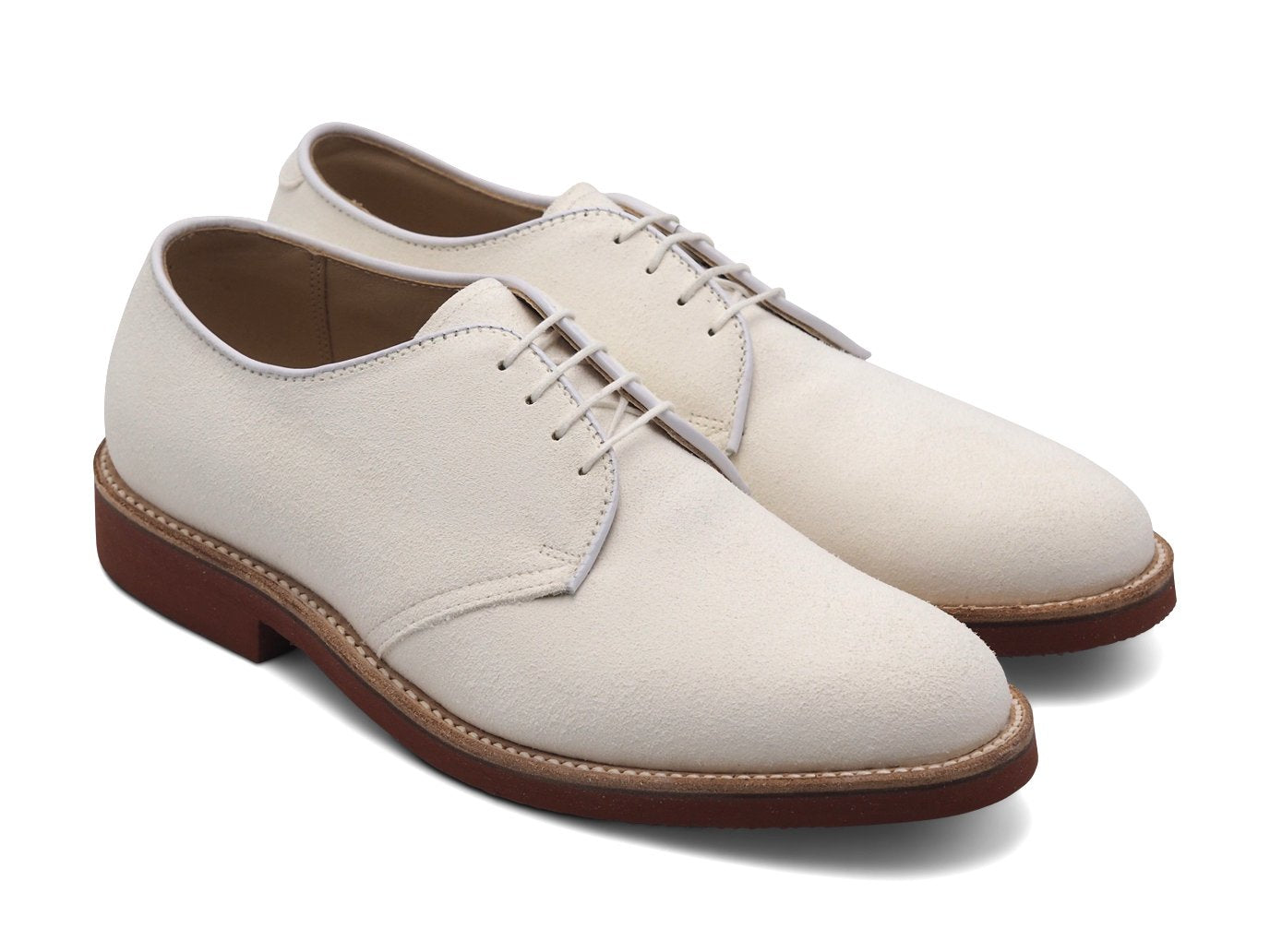 Front angle view of Alden plain toe blucher shoes in white buck