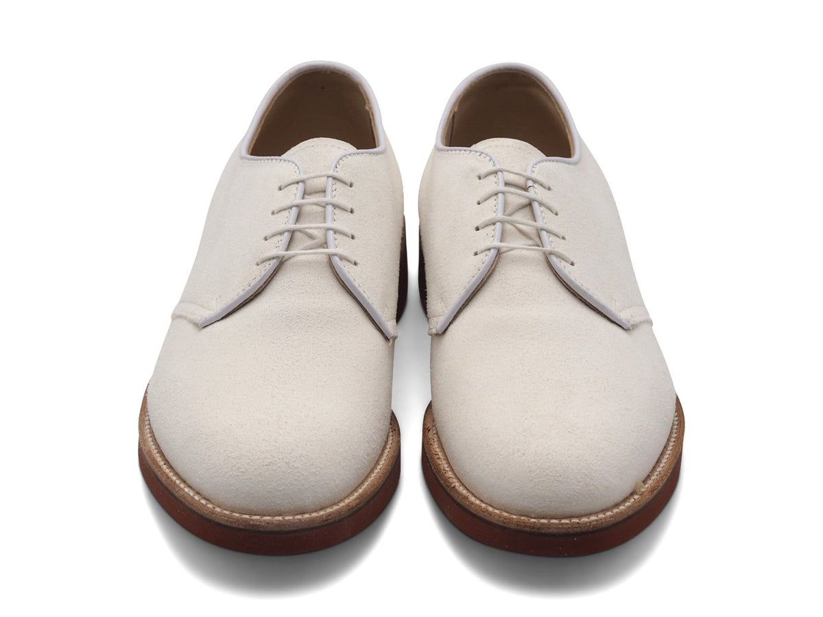 Front view of Alden plain toe blucher shoes in white buck
