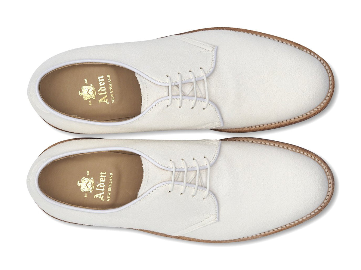 Top view of Alden plain toe blucher shoes in white buck