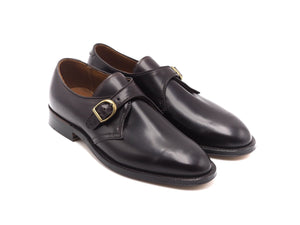 Front angle view of Alden single monk strap shoes in color 8 shell cordovan