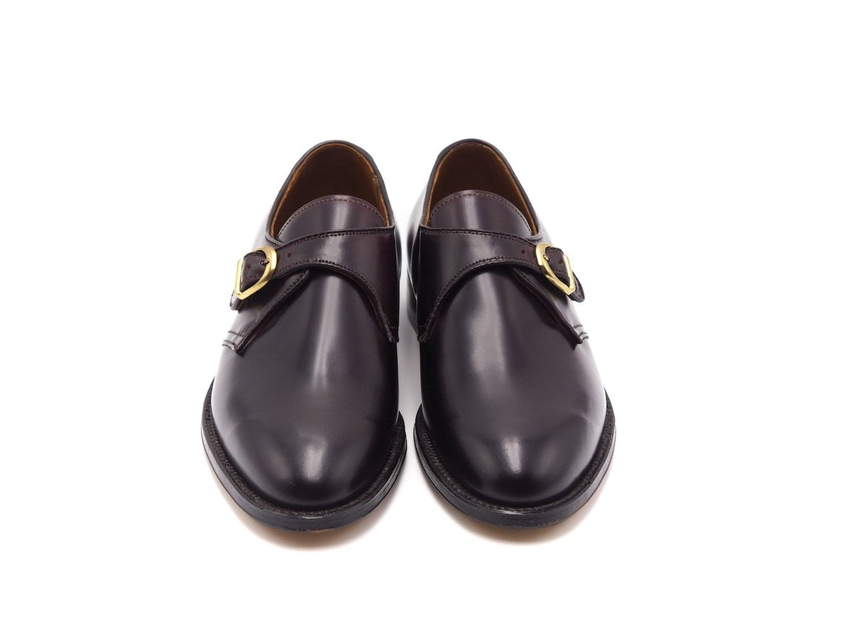Front view of Alden single monk strap shoes in color 8 shell cordovan