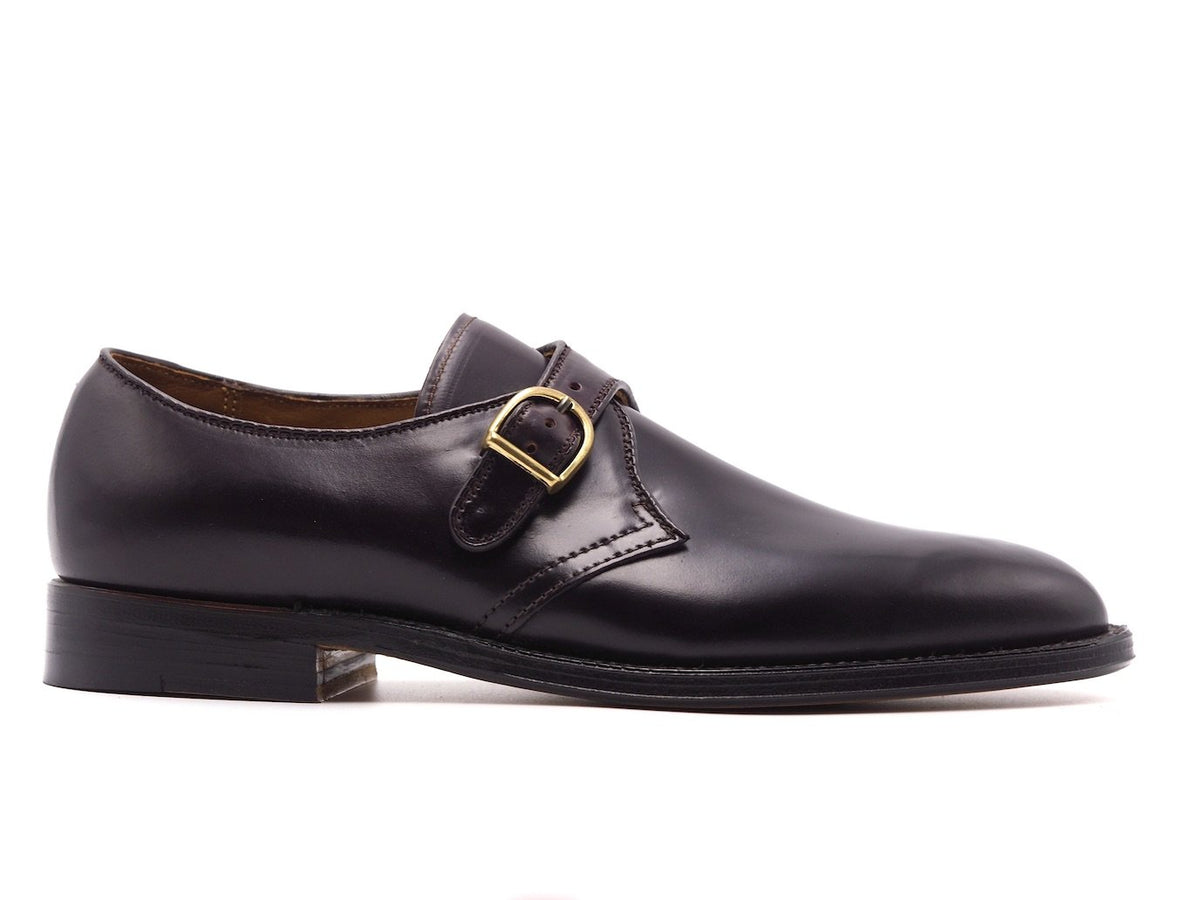 Side view of Alden single monk strap shoes in color 8 shell cordovan