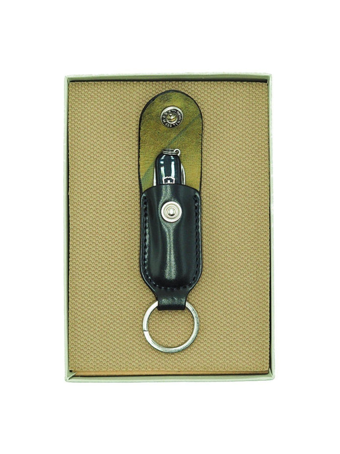 Swiss army knife in Alden black shell cordovan knife case with key ring inside box