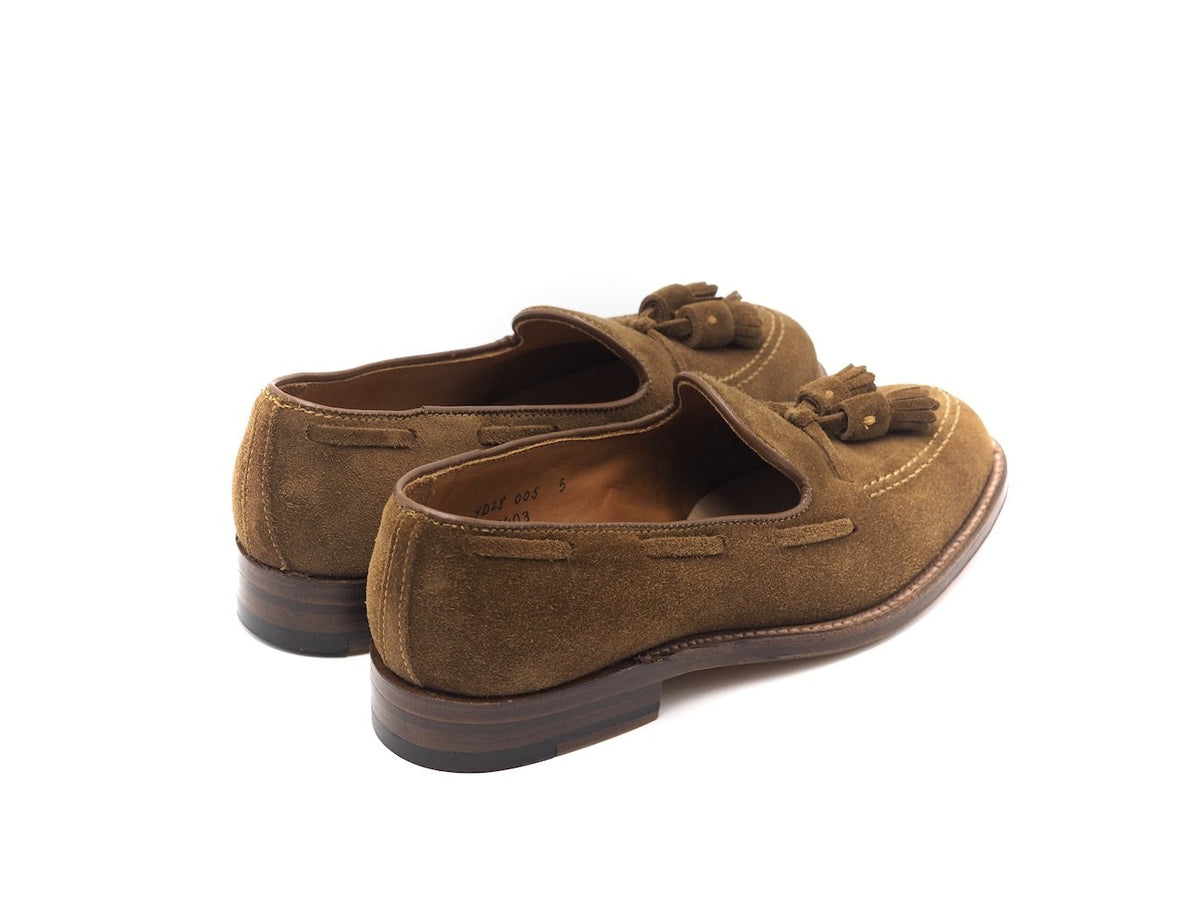 Back angle view of Alden tassel moccasin loafer in snuff suede