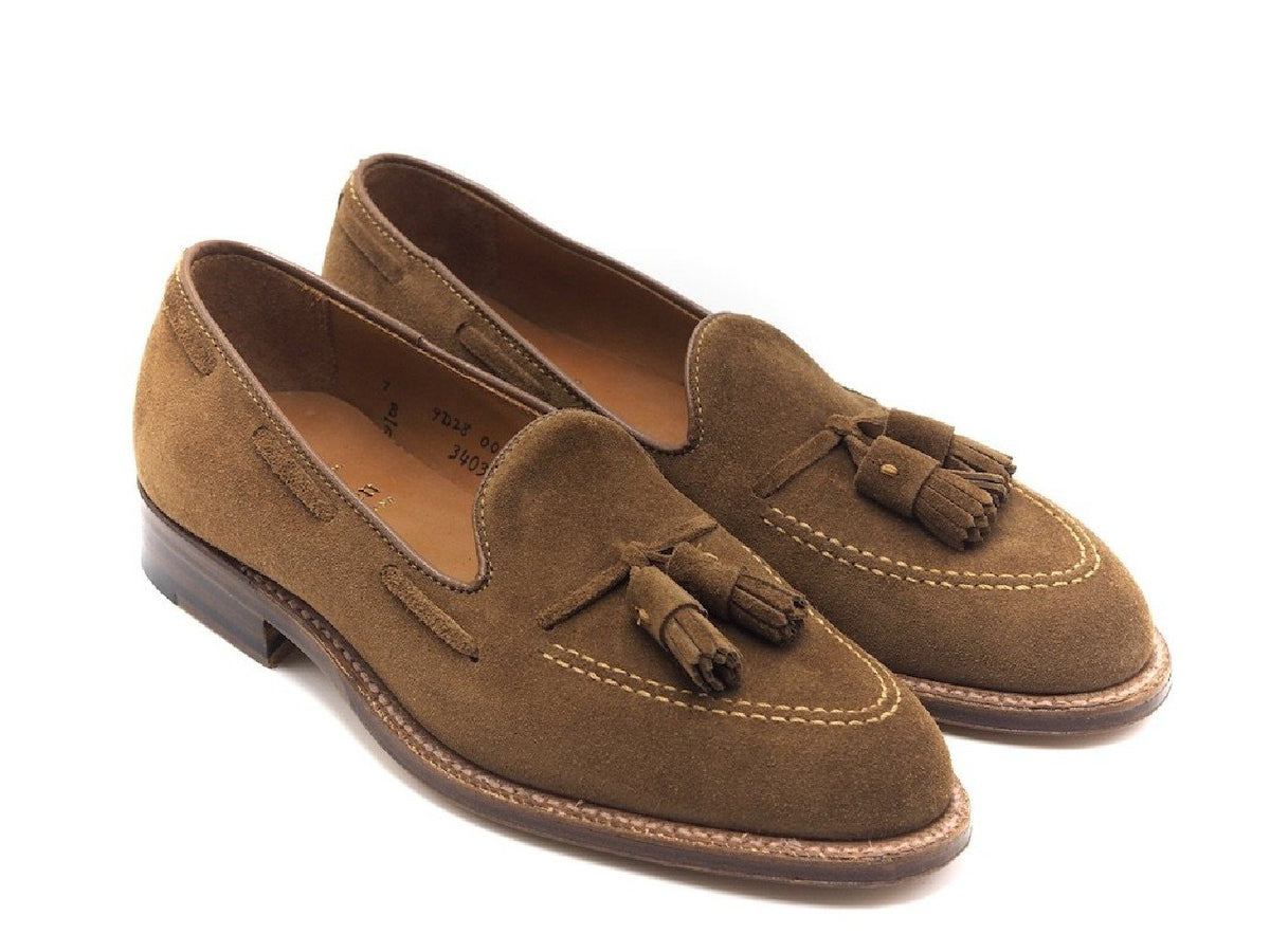 Front angle view of Alden tassel moccasin loafer in snuff suede