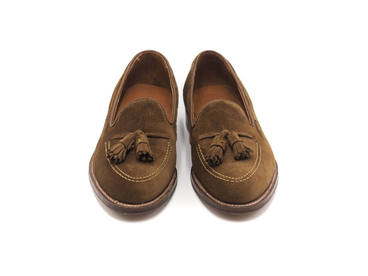 Front view of Alden tassel moccasin loafer in snuff suede