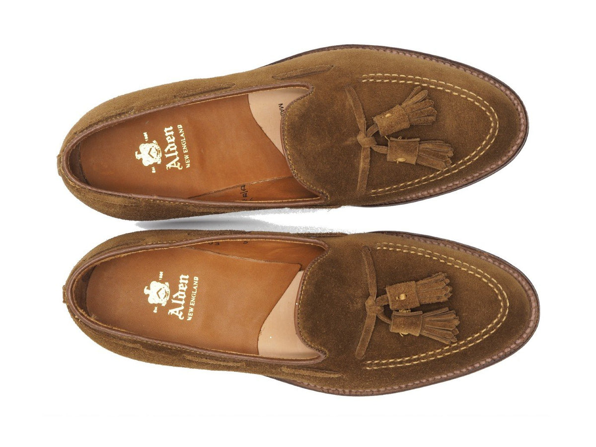 Top view of Alden tassel moccasin loafer in snuff suede
