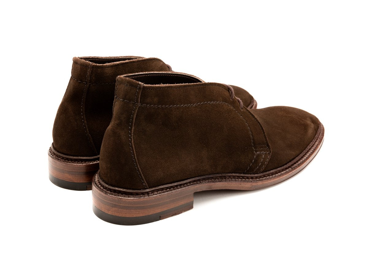 Back angle view of Alden unlined chukka boot in dark brown suede