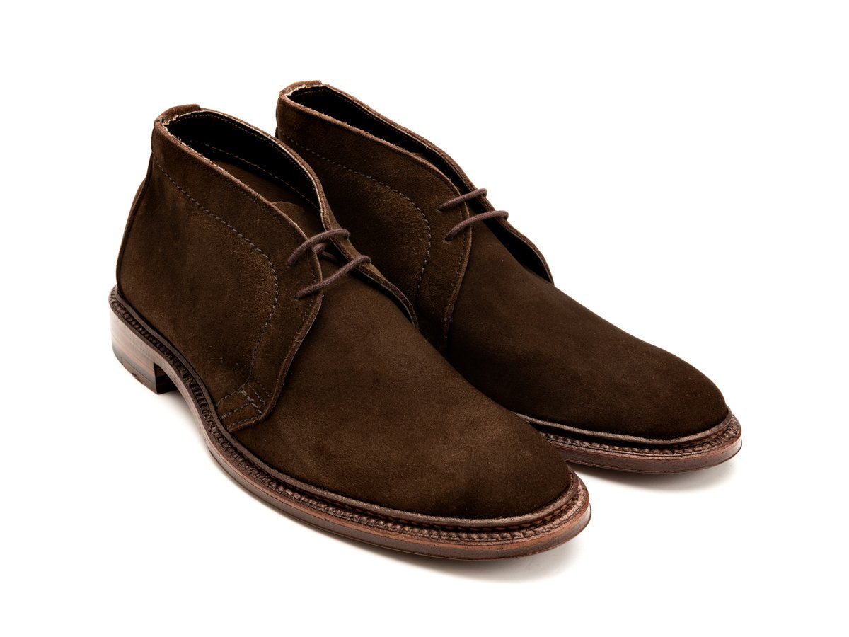 Front angle view of Alden unlined chukka boot in dark brown suede