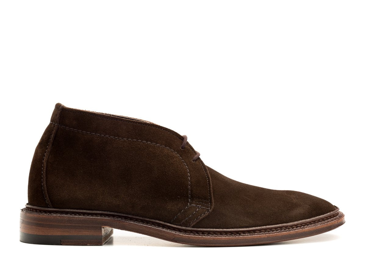 Side view of Alden unlined chukka boot in dark brown suede