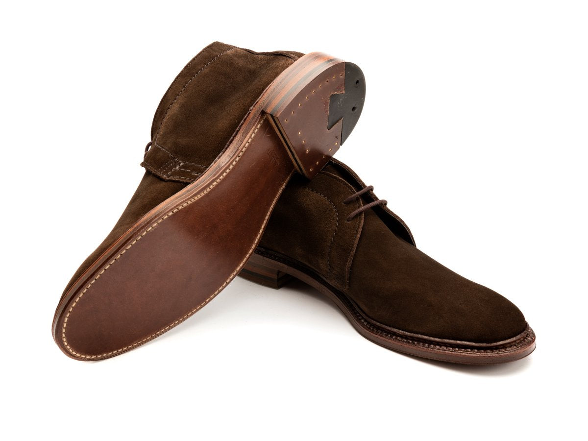 Leather sole of Alden unlined chukka boot in dark brown suede