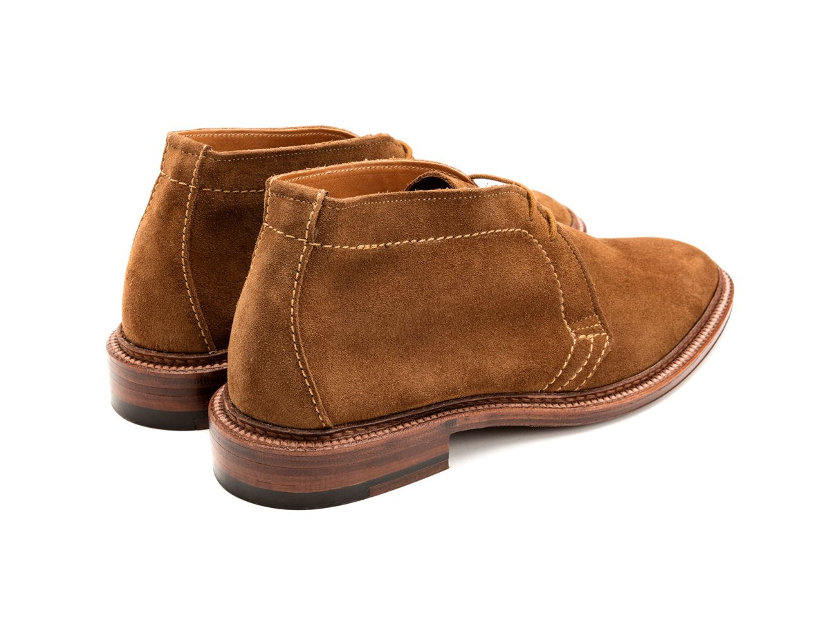 Back angle view of Alden unlined chukka boot in snuff suede