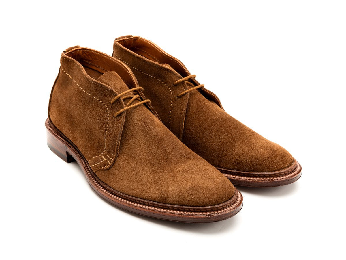 Front angle view of Alden unlined chukka boot in snuff suede