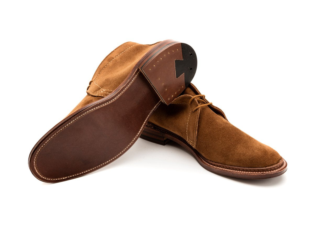 Leather sole of Alden unlined chukka boot in snuff suede