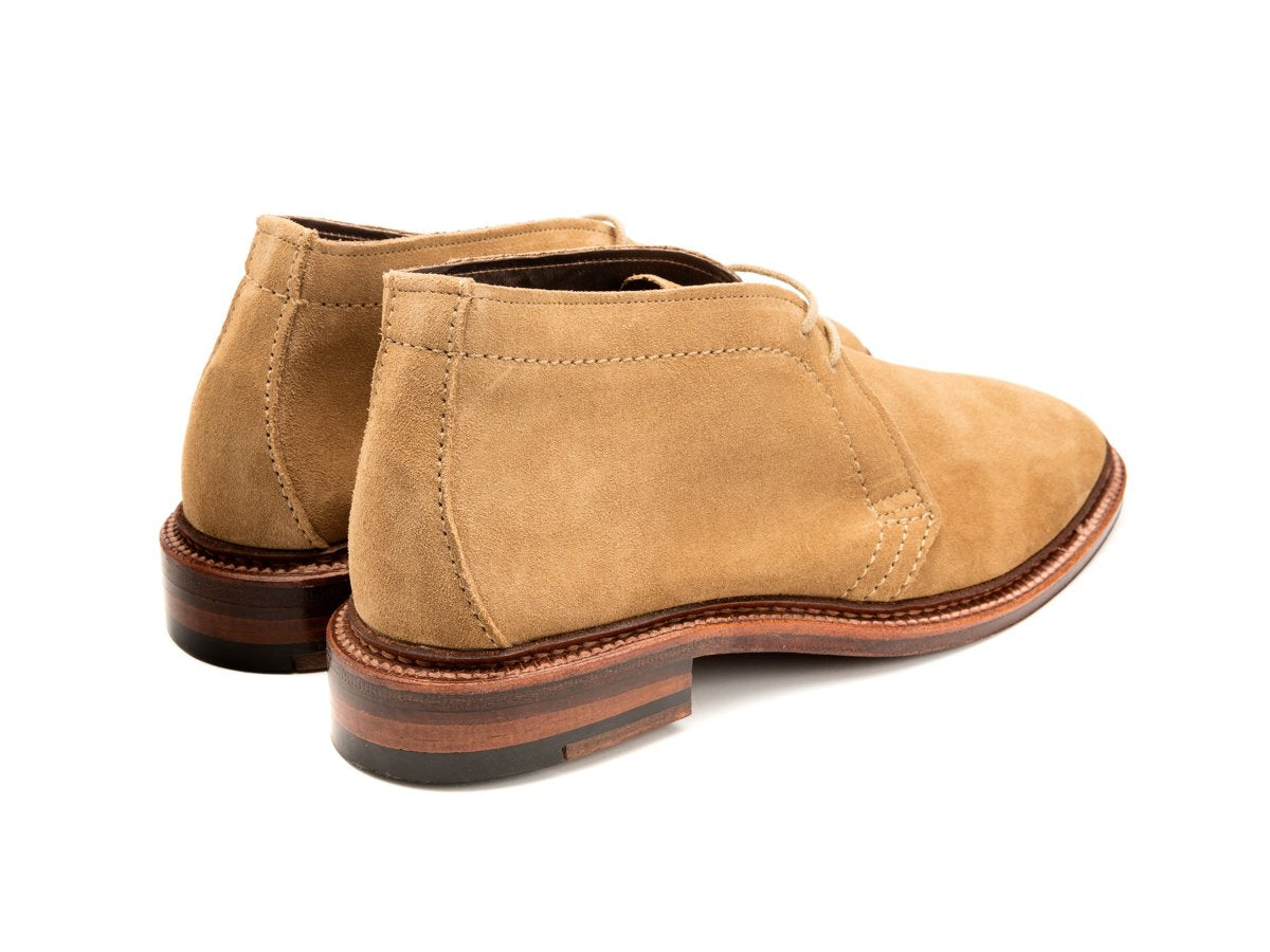Back angle view of Alden unlined chukka boot in tan suede