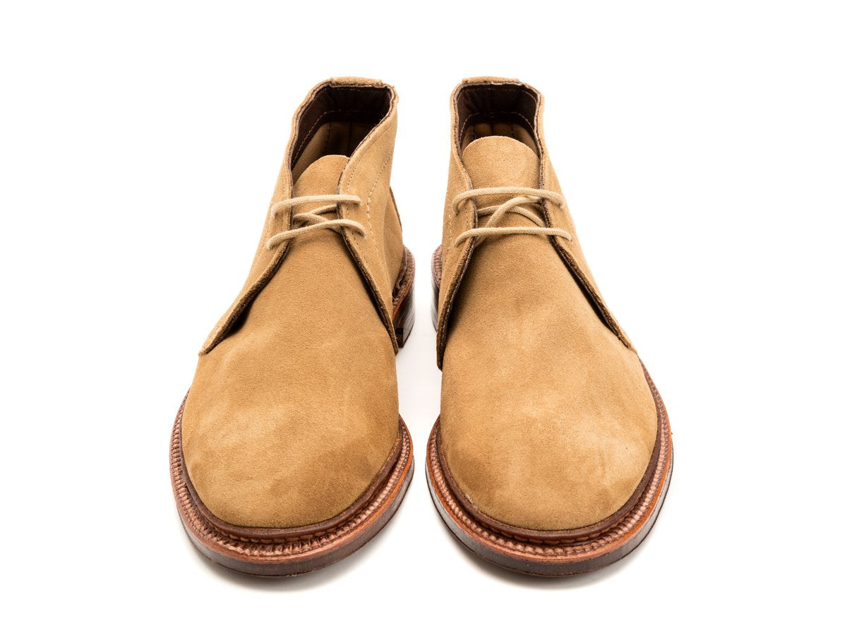 Front view of E width Alden unlined chukka boot in tan suede