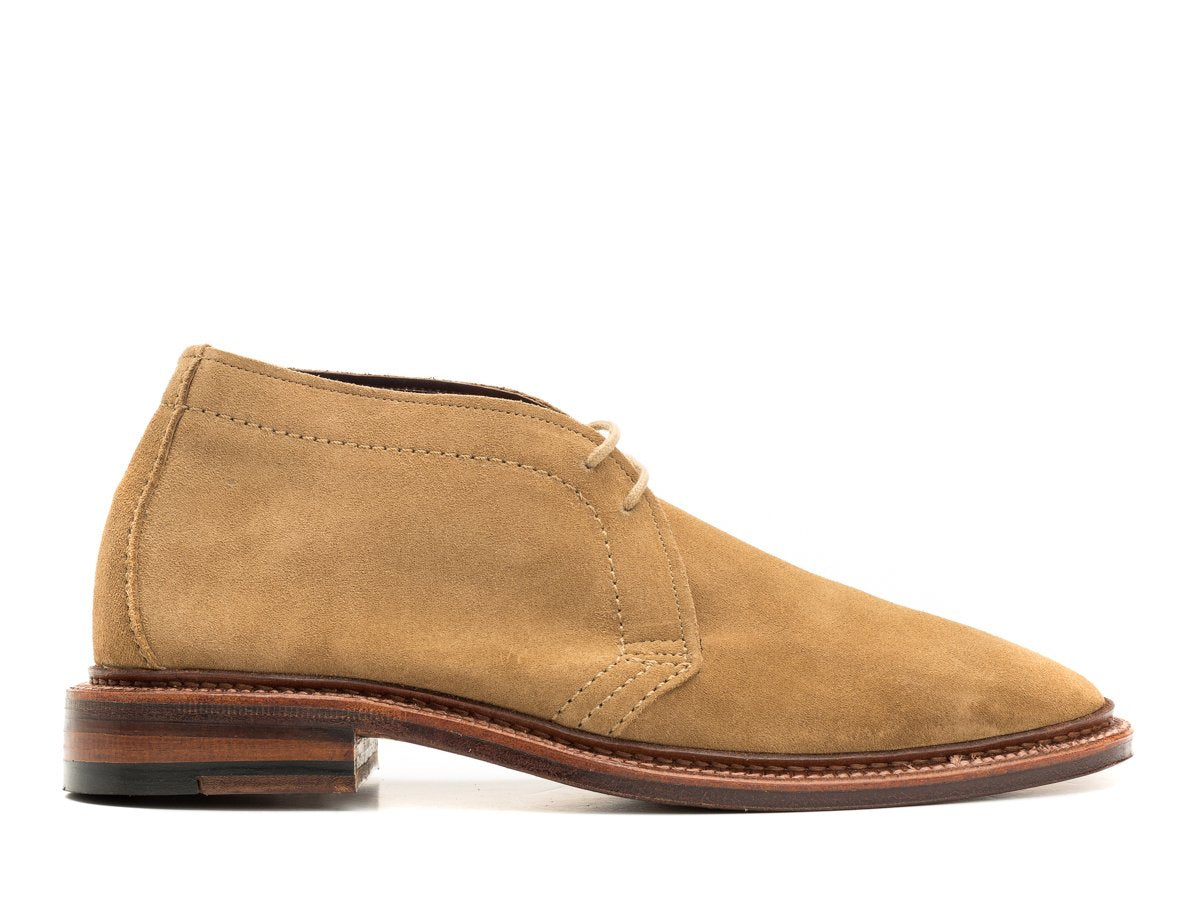 Side view of E width Alden unlined chukka boot in tan suede