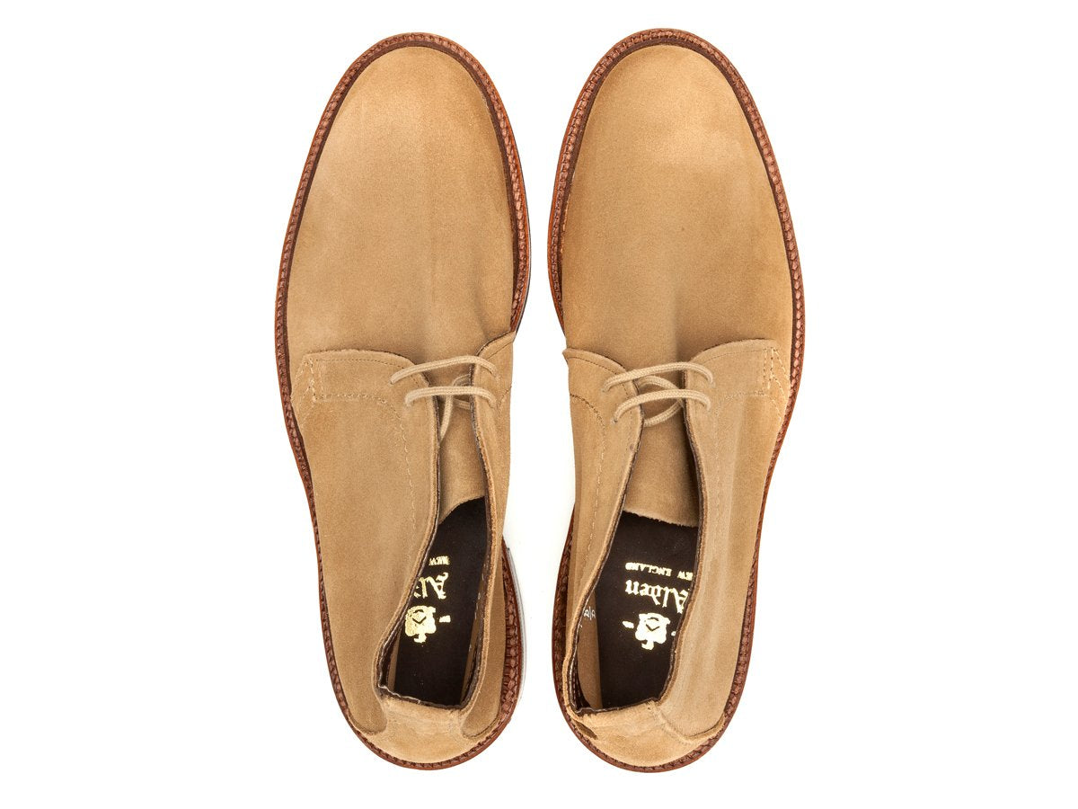 Top view of E width Alden unlined chukka boot in tan suede