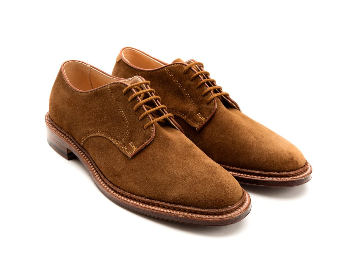 Front angle view of Alden unlined Dover plain toe blucher shoes in snuff suede