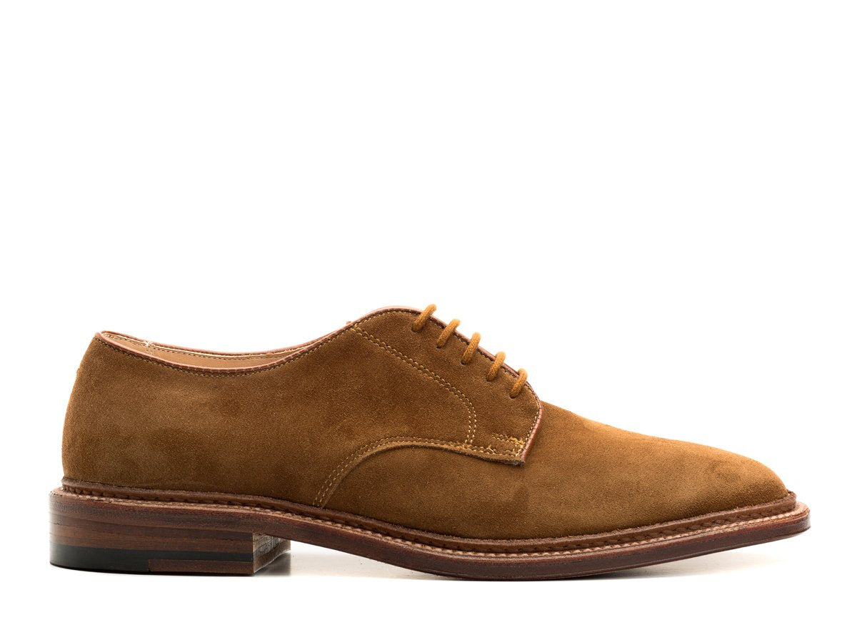 Side view of Alden unlined Dover plain toe blucher shoes in snuff suede