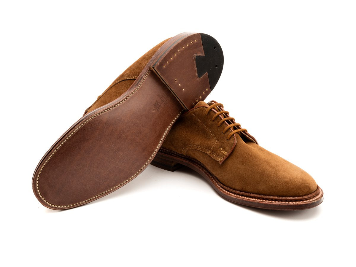 Leather sole of Alden unlined Dover plain toe blucher shoes in snuff suede