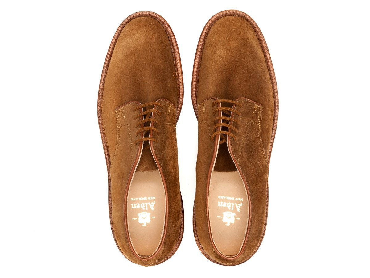 Top view of Alden unlined Dover plain toe blucher shoes in snuff suede