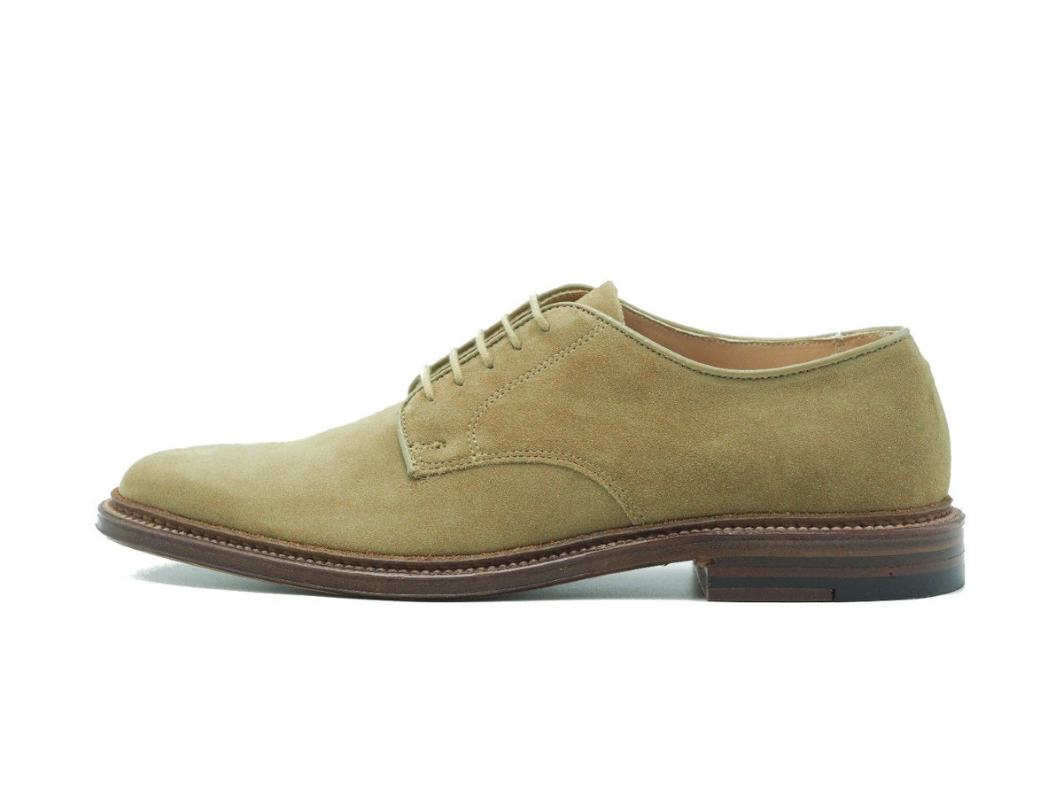 Side view of Alden unlined Dover plain toe blucher shoes in tan suede