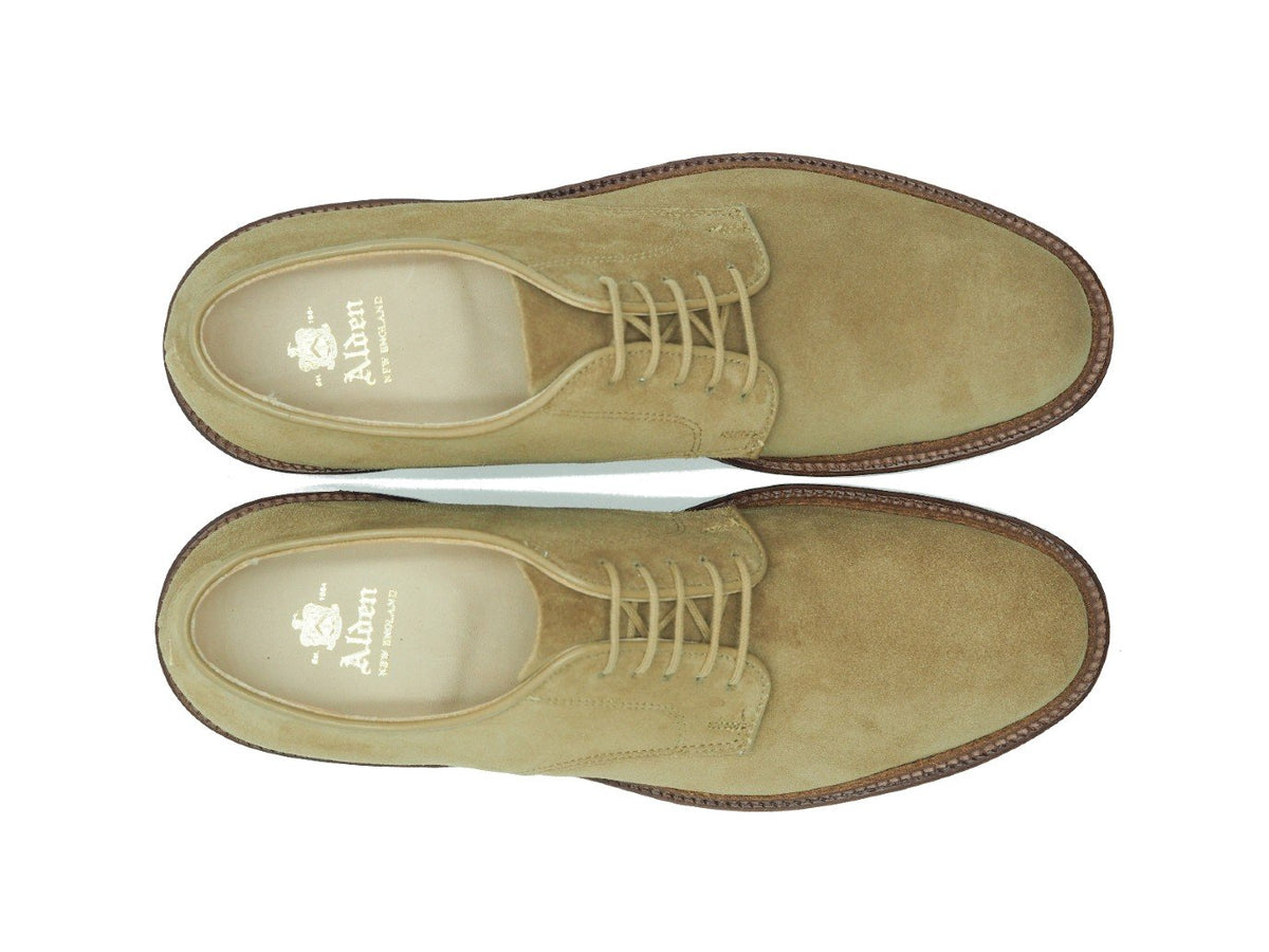 Top view of Alden unlined Dover plain toe blucher shoes in tan suede