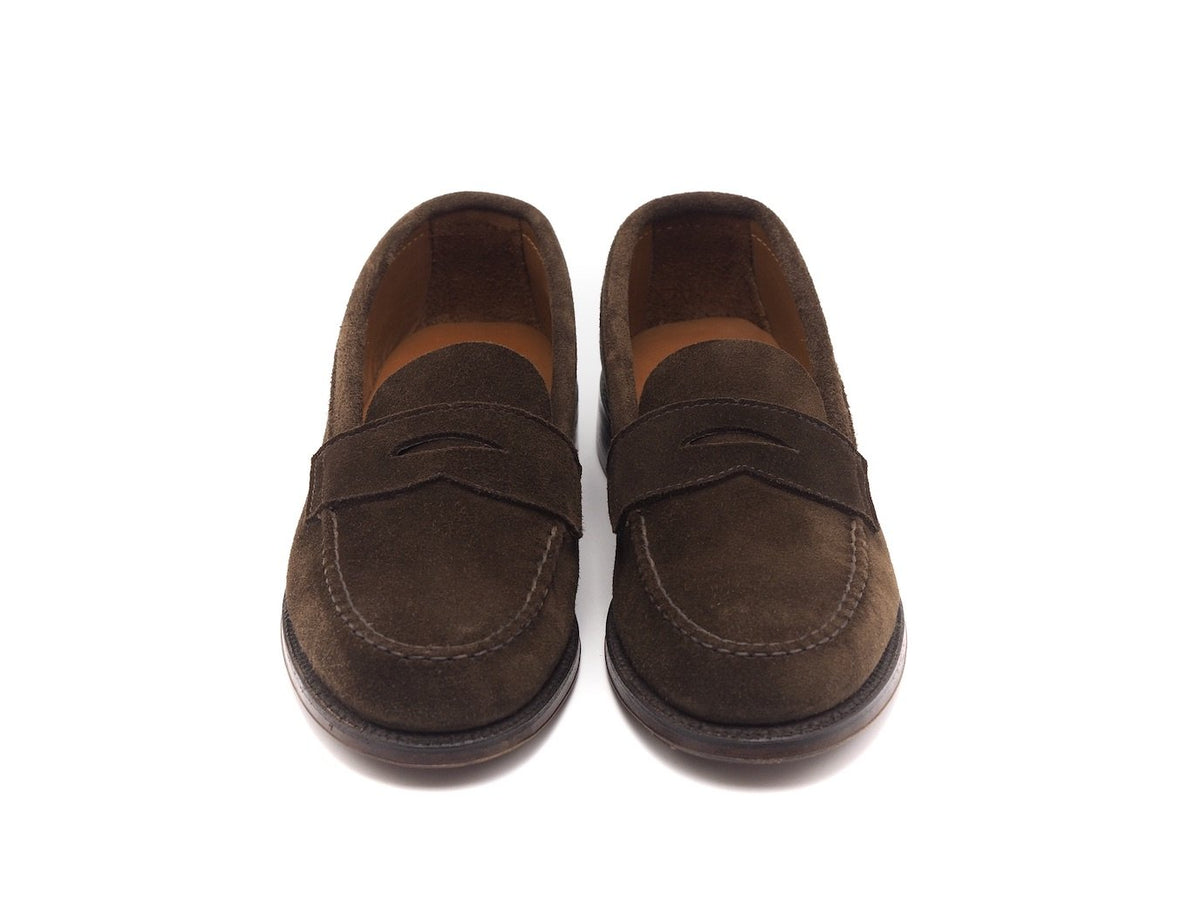 Front view of Alden unlined leisure handsewn penny loafer in dark brown suede