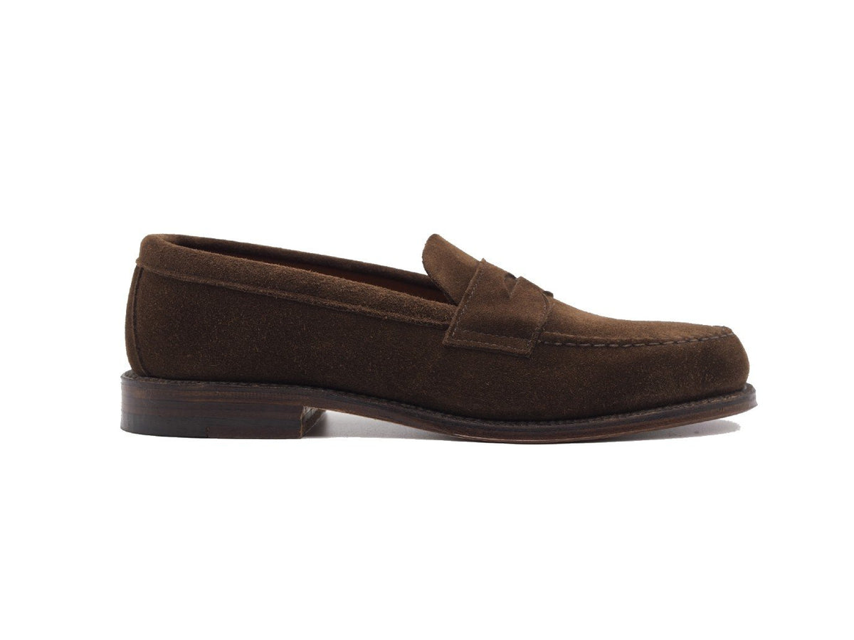 Side view of Alden unlined leisure handsewn penny loafer in dark brown suede