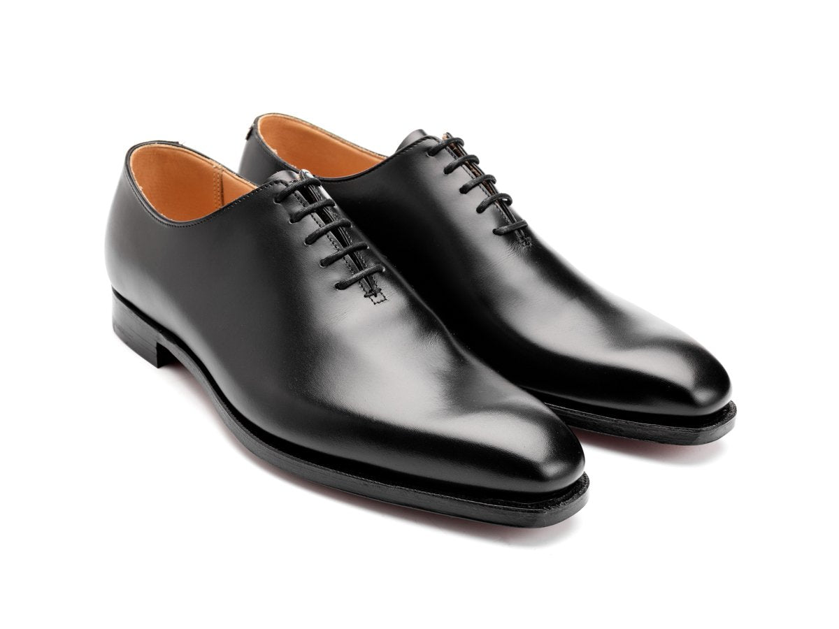 Front angle view of Crockett & Jones Alex wholecut oxford shoes in black calf