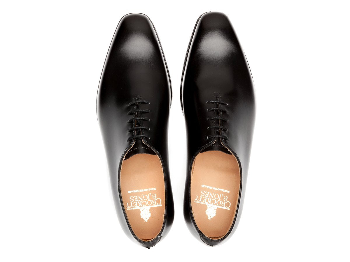 Top view of Crockett & Jones Alex wholecut oxford shoes in black calf