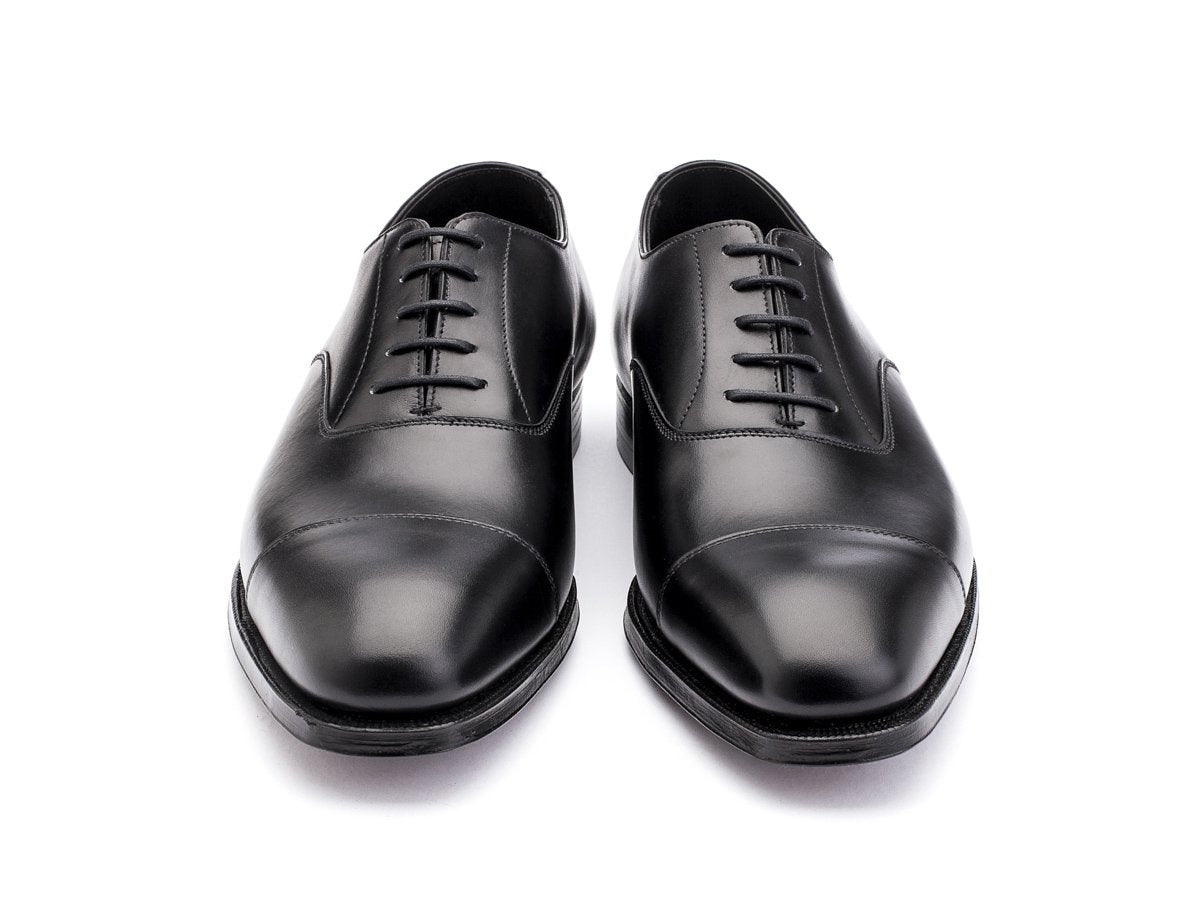 Front view of Crockett & Jones Audley plain captoe oxford shoes in black calf