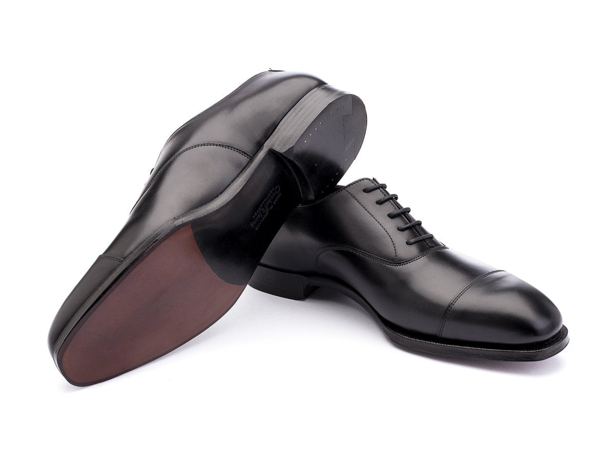Leather sole of Crockett & Jones Audley plain captoe oxford shoes in black calf