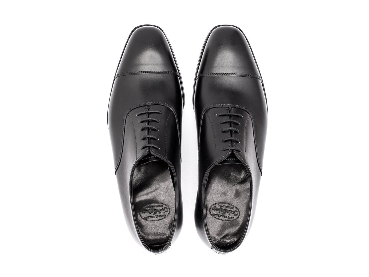 Top view of Crockett & Jones Audley plain captoe oxford shoes in black calf