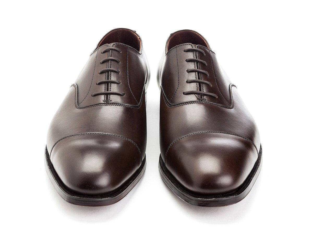 Front view of Crockett & Jones Audley plain captoe oxford shoes in dark brown antique calf