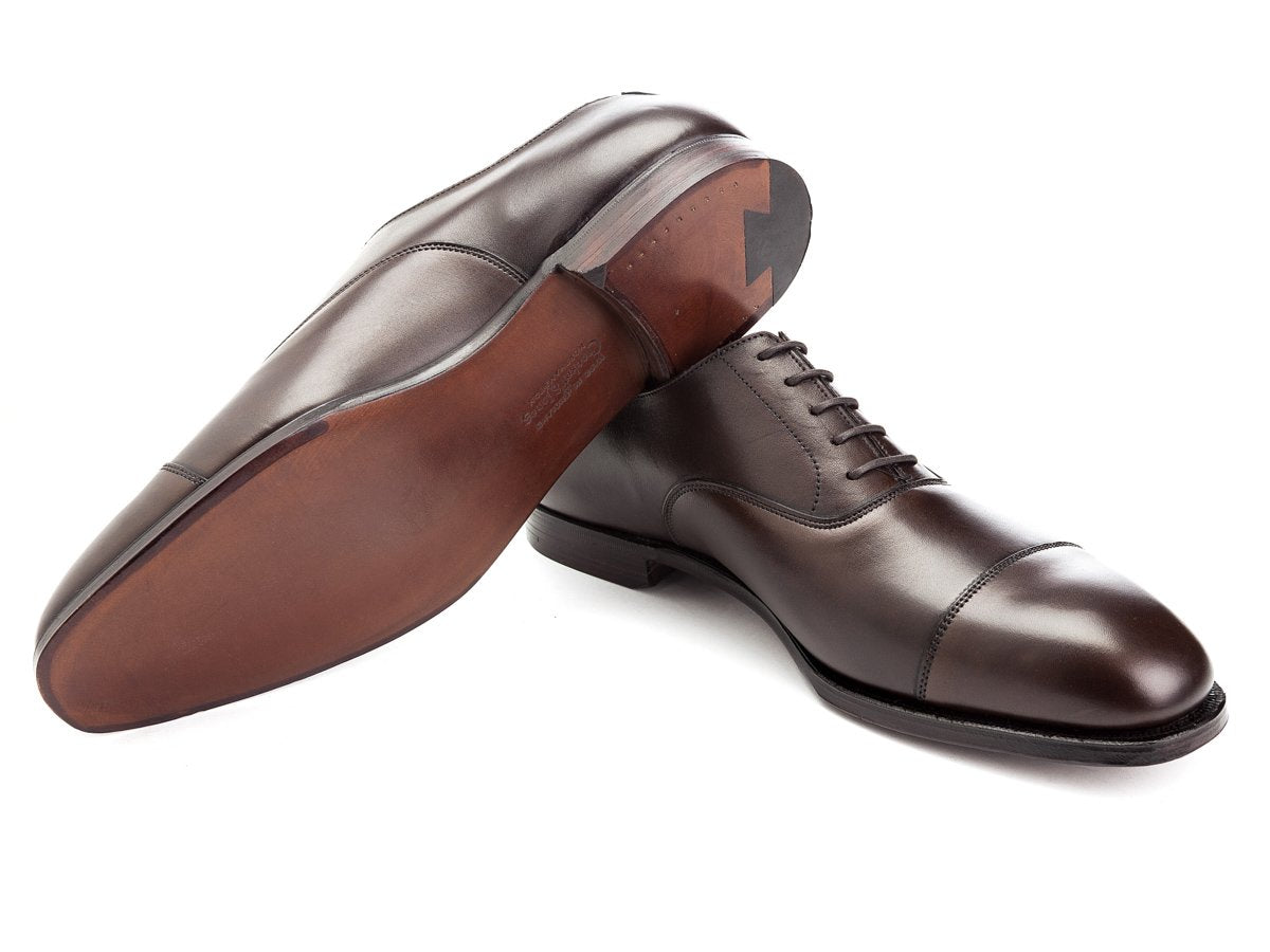 Leather sole of Crockett & Jones Audley plain captoe oxford shoes in dark brown antique calf