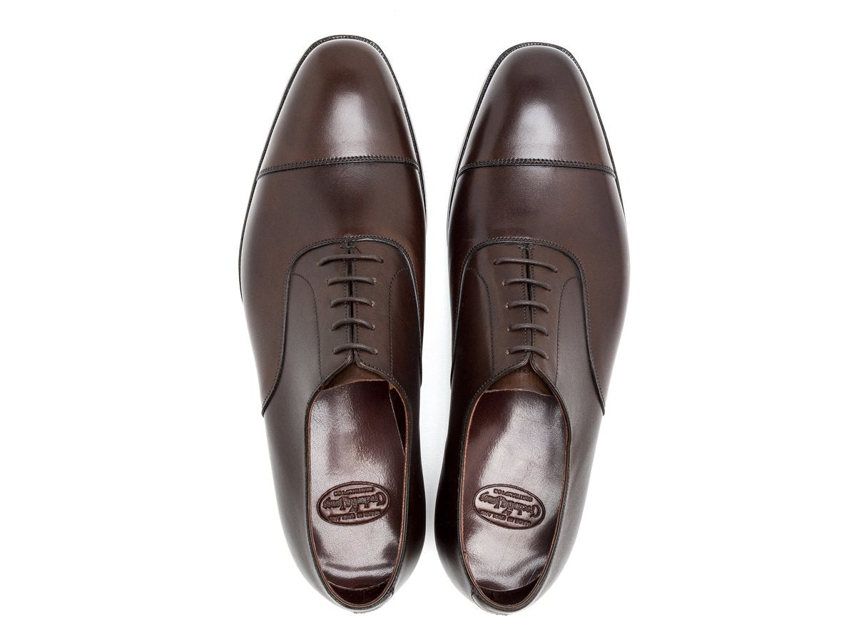 Top view of Crockett & Jones Audley plain captoe oxford shoes in dark brown antique calf