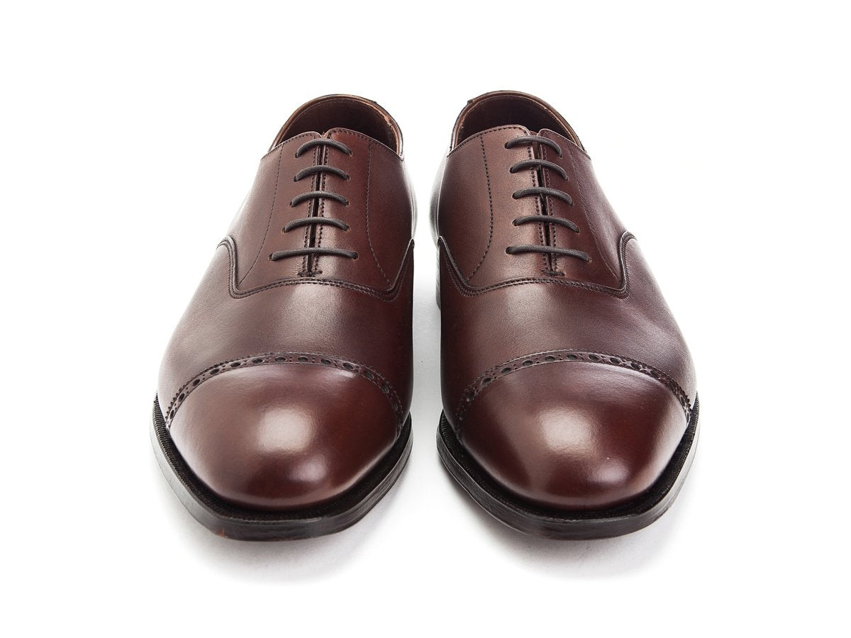 Front view of Crockett & Jones Belgrave quarter brogue oxford shoes in chestnut antique calf