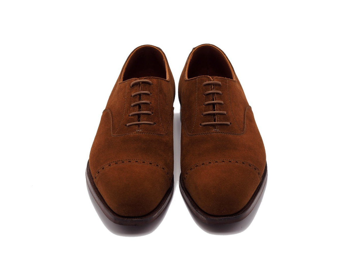 Front view of Crockett & Jones Belgrave quarter brogue oxford shoes in polo brown suede