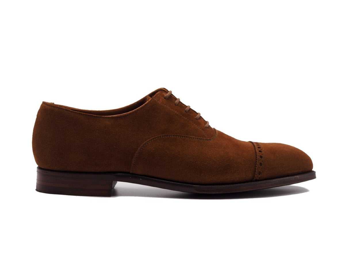 Side view of Crockett & Jones Belgrave quarter brogue oxford shoes in polo brown suede