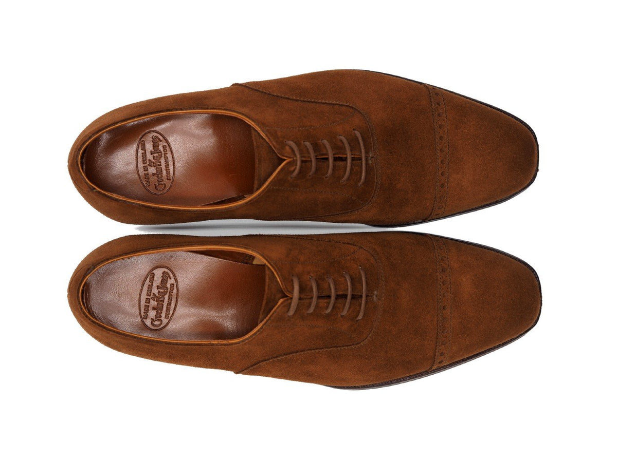 Top view of Crockett & Jones Belgrave quarter brogue oxford shoes in polo brown suede