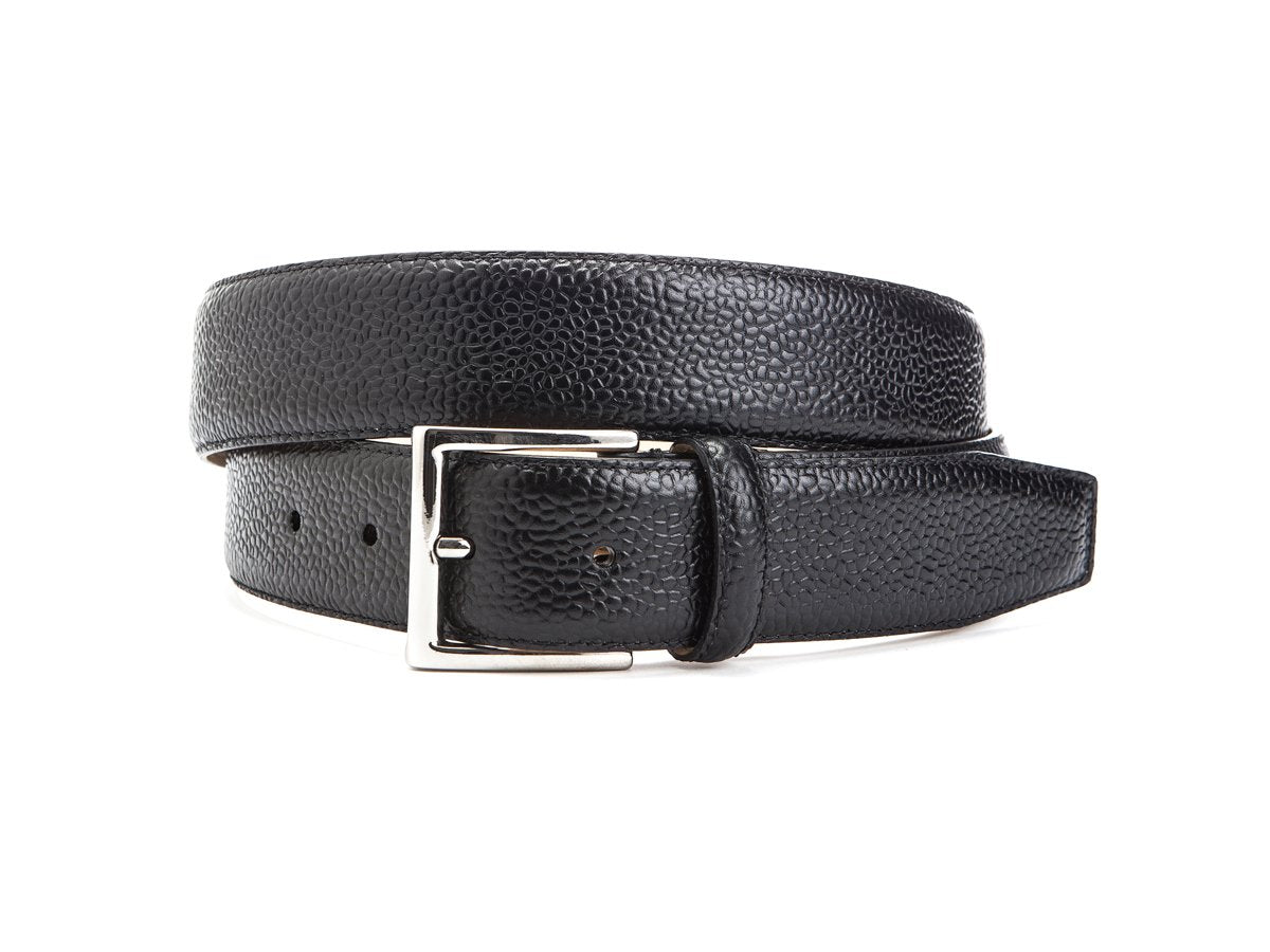 Front view of Crockett & Jones black scotch grain calf belt with nickel buckle