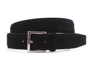 Front view of Crockett & Jones black suede belt with nickel buckle