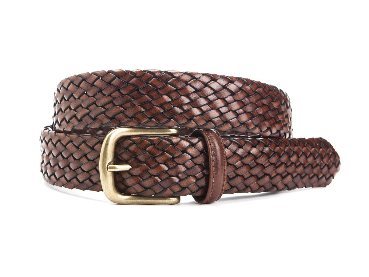 Front view of Crockett & Jones brown woven calf belt with brass buckle