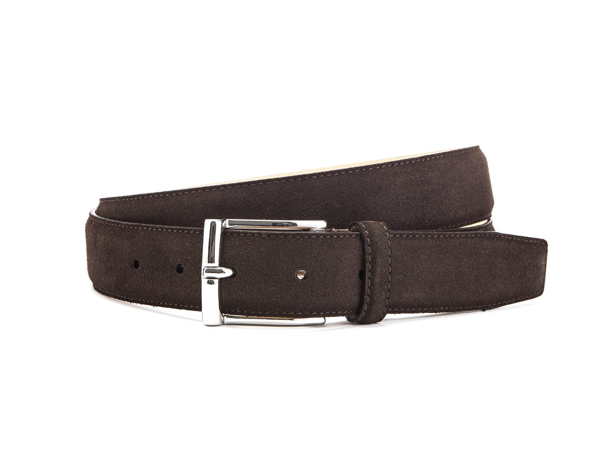 Front view of Crockett & Jones dark brown suede belt with nickel buckle